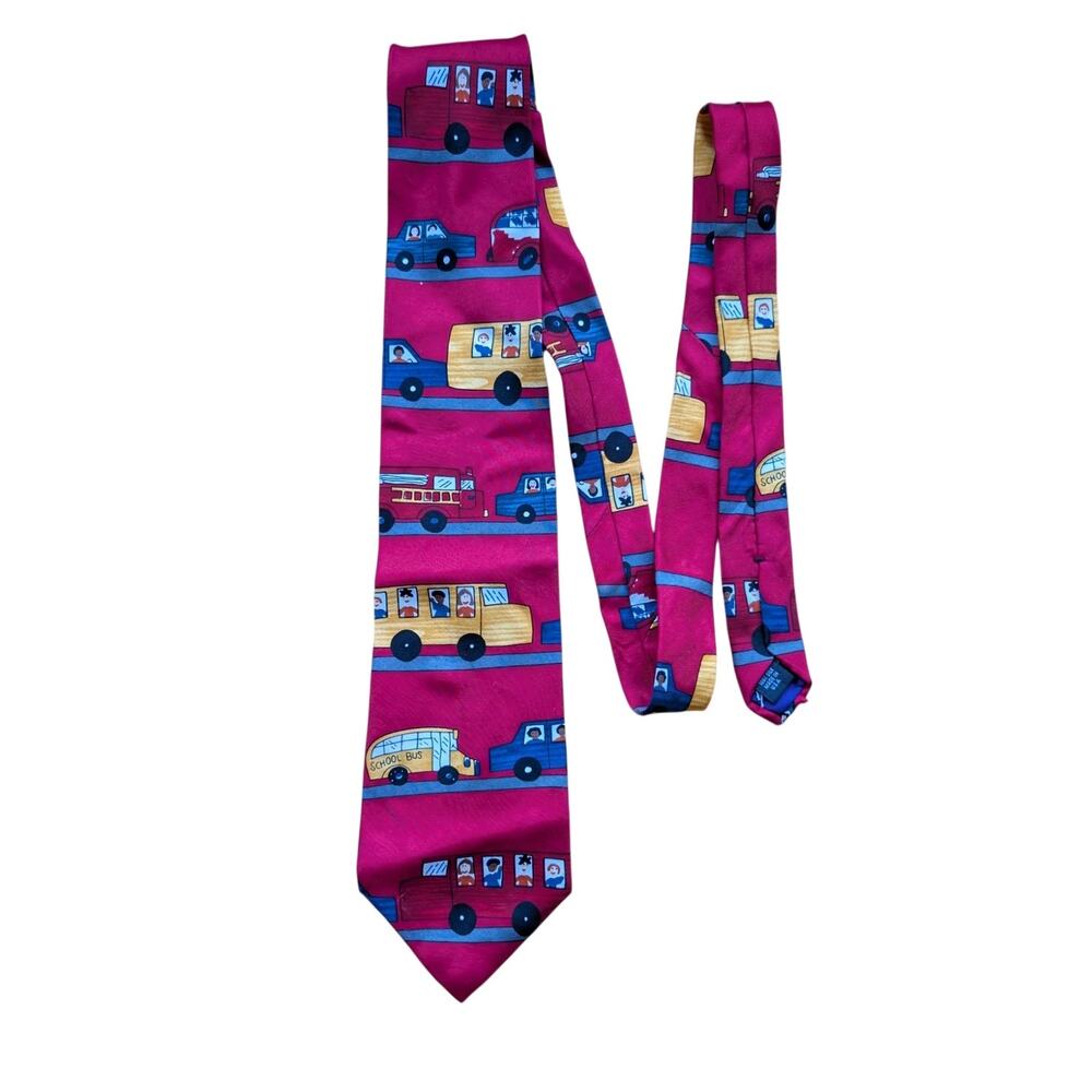 Vintage Collector Save the Children Silk Tie "Bumper to Bumper" school bus car